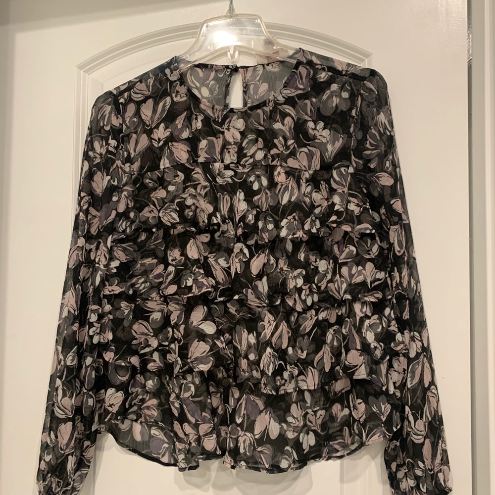 LOFT brand, ruffle, sheer top, elastic sleeves